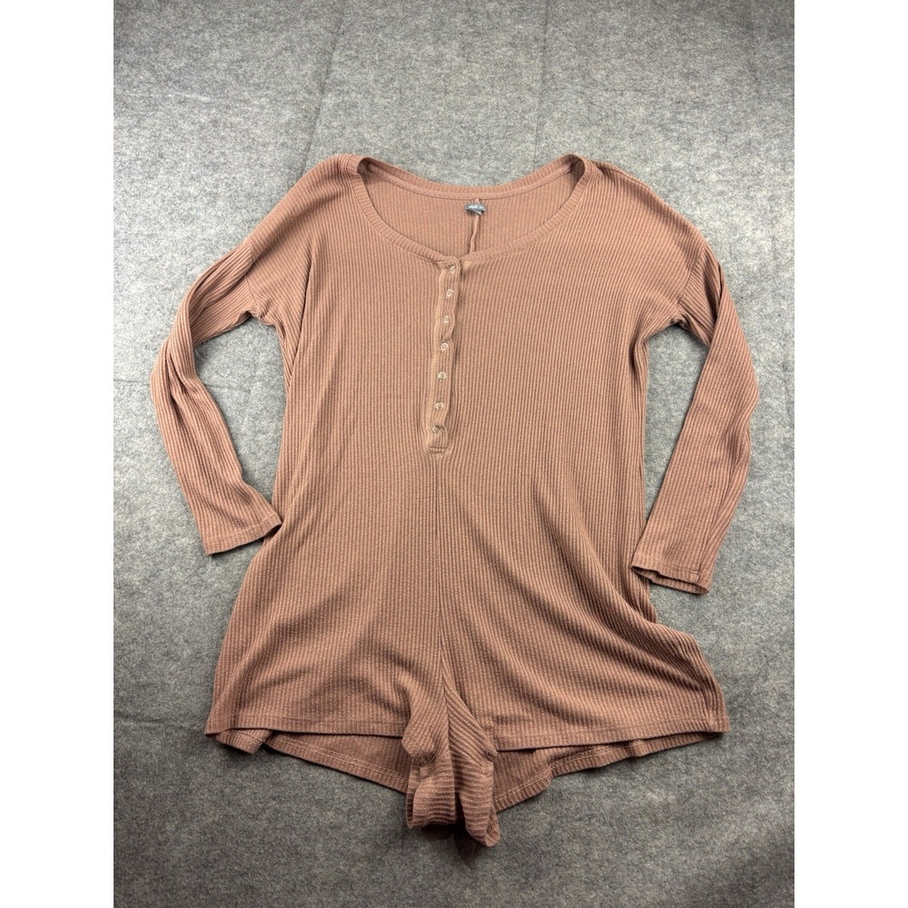 Aerie Romper Women S Ribbed Pink Long Sleeve Henley Lounge Boho Coastal Cover Up